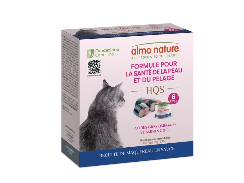 Almo Nature HQS Formule Soutien - Chat Santé de la Peau et Pelage, Maquereau en Sauce - 4 Boîtes de 6 x 50 g - Nourriture Humide pour Chats
