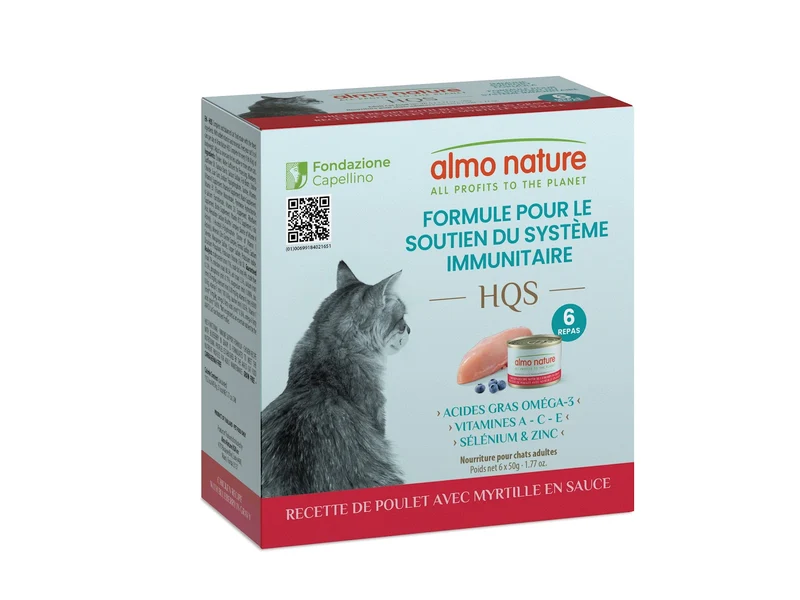 Almo Nature HQS Formule Soutien - Chat Système Immunitaire, Poulet avec Myrtille en Sauce - 4 Boîtes de 6 x 50 g - Nourriture Humide pour Chats