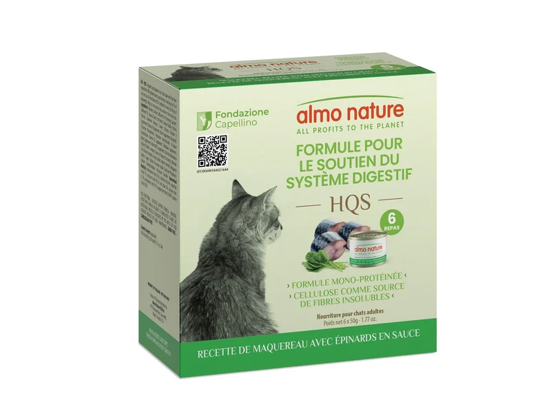 Almo Nature HQS Formule Soutien - Chat Système Digestif, Maquereau avec Épinards en Sauce - 4 Boîtes de 6 x 50 g - Nourriture Humide pour Chats
