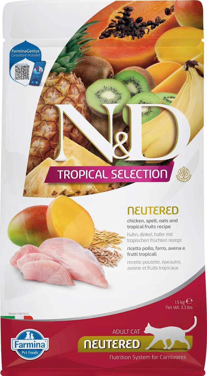 Famina N&D Tropical Selection - Chat Stérilisé Poulet et Fruits Tropicaux - Nourriture Sèche pour Chats