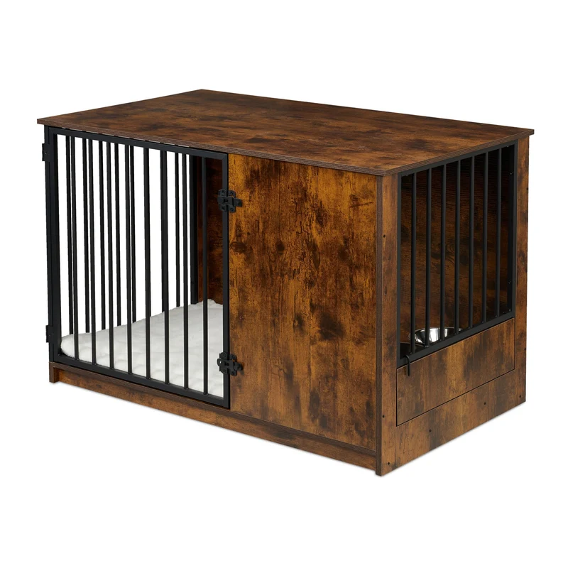 Cage pour chien avec 2 gamelles pivotantes 65,5 x 102 x 60 cm style moderne et rustique ambiance cosy en MDF marron 13_0017156