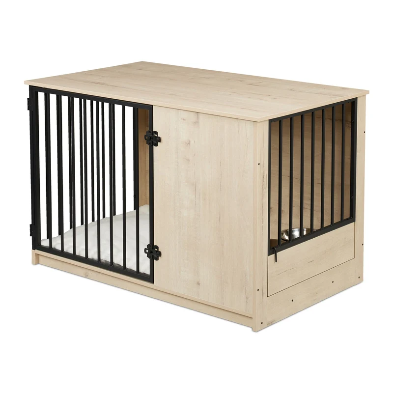 Cage pour chien avec 2 gamelles pivotantes salon couloir 65,5 x 102 x 60 cm design rustique en MDF marron 13_0017158