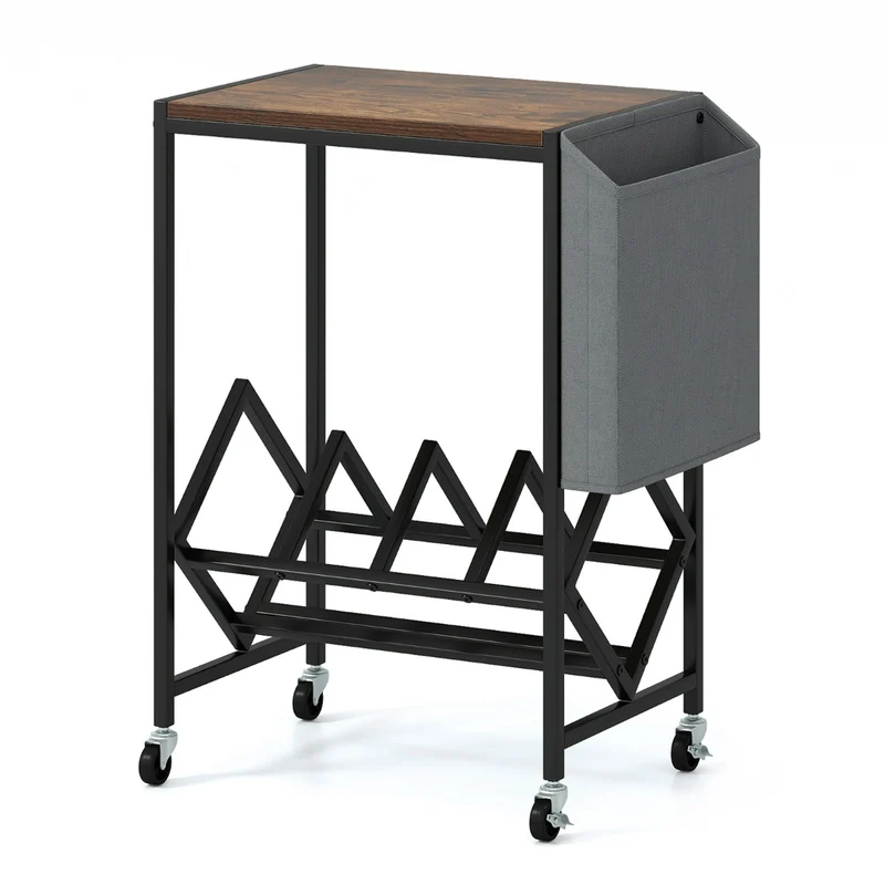Support roulant pour platine vinyle 49,5 x 30 x 64 cm avec rangement pratique et 4 roulettes noires en bois d'ingénierie marron rustique 20_0017249