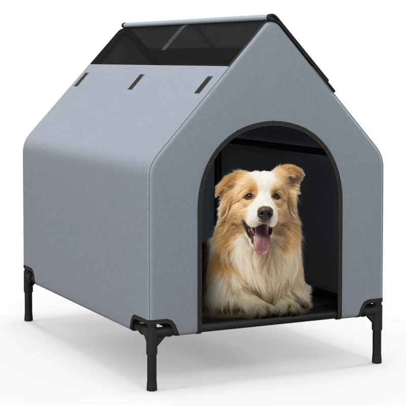 Niche surélevée pour petits chiens 64 x 91 x 86 cm protection optimale pluie soleil design moderne en tissu oxford gris 20_0012930