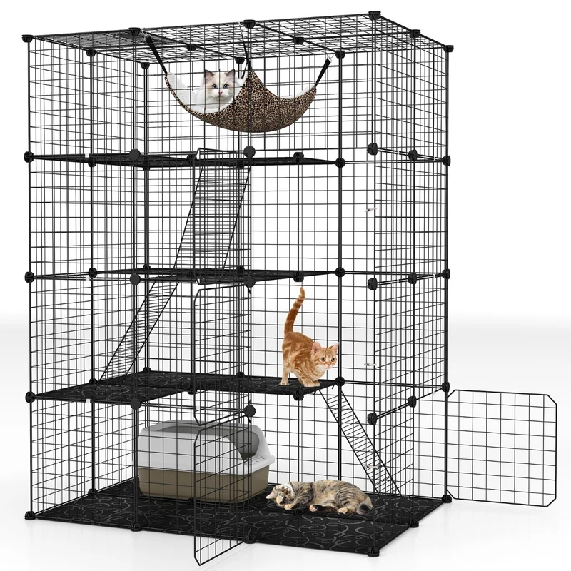 Cage pour animaux 109,5 x 74 x 142 cm avec hamac confortable 4 niveaux sécurisés style moderne en PP noir 20_0015298