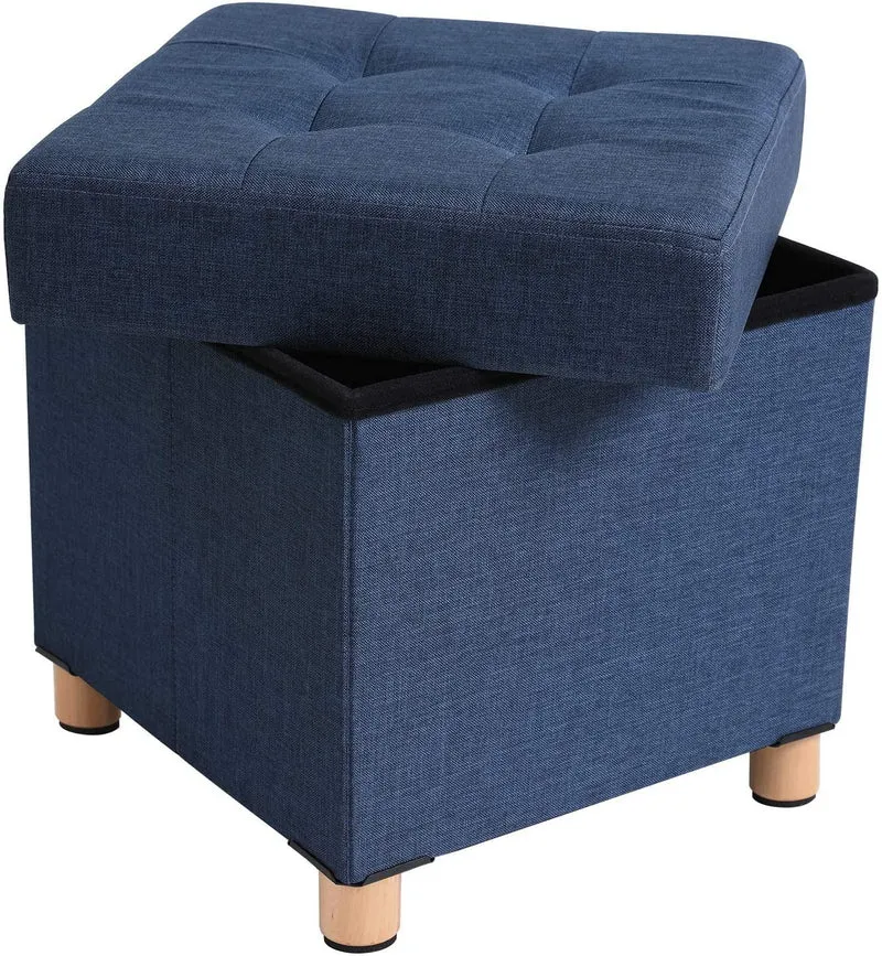 Banc de rangement tabouret rembourré pliable avec couvercle pieds en bois massif 38 x 38 x 40 cm gain de place capacité de charge 300 kg pour chambre couloir bleu marine 12_0000422
