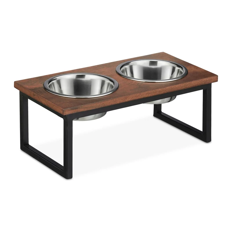 Lot de 2 gamelles surélevées pour chien avec support anti-bruit 36 x 19 x 12 cm en bois de manguier naturel 13_0010746