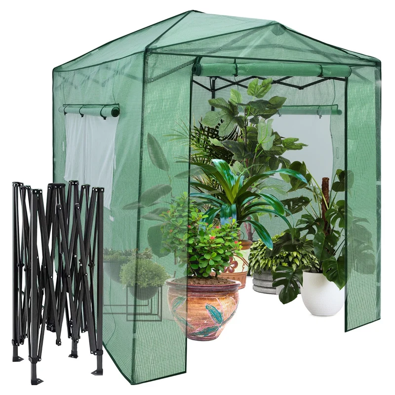 Serre de jardin portable 180 x 250 cm avec 2 fenêtres d'observation et cadre métallique robuste en pe vert 20_0013569