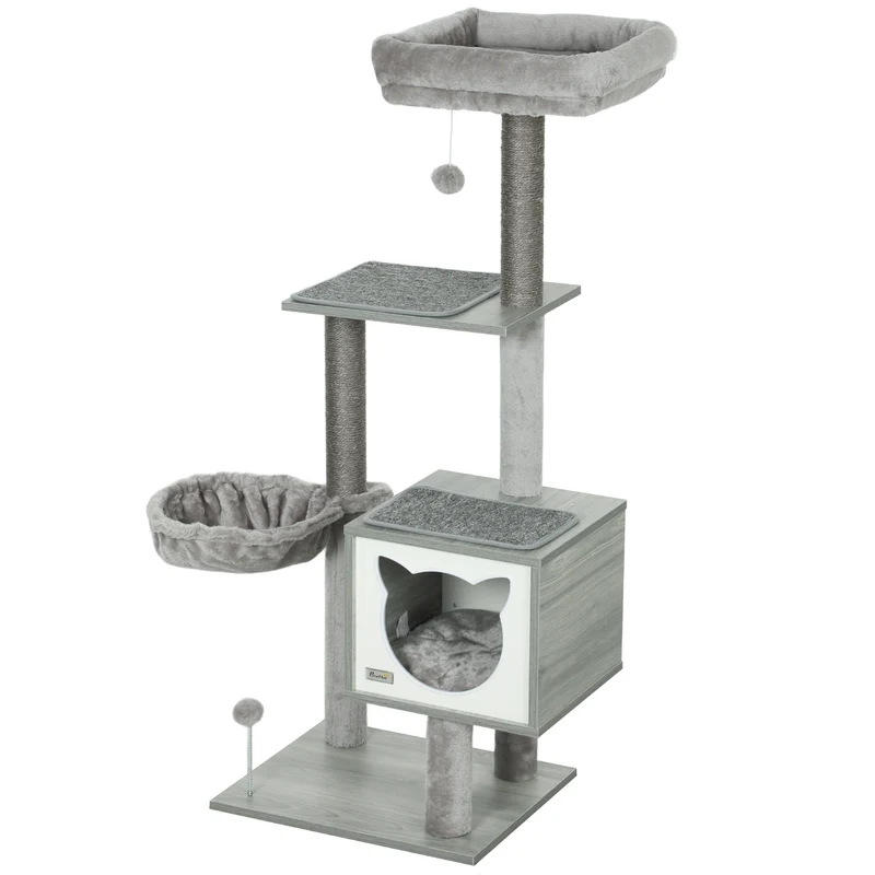 Arbre à chat multi équipements 48 x 40 x 126 cm griffoirs et repos design contemporain ambiance cosy en bois gris clair 21_0007661