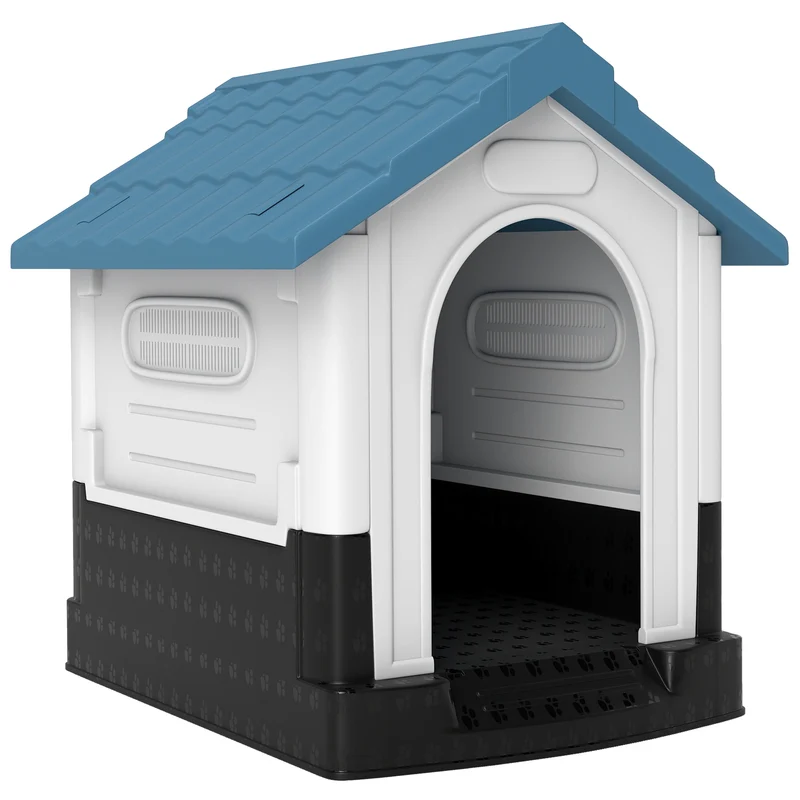 Niche pour petits et moyens chiens forme maison 64.5 x 57 x 66 cm résistante intempéries ventilée rustique en PP bleu 21_0007301