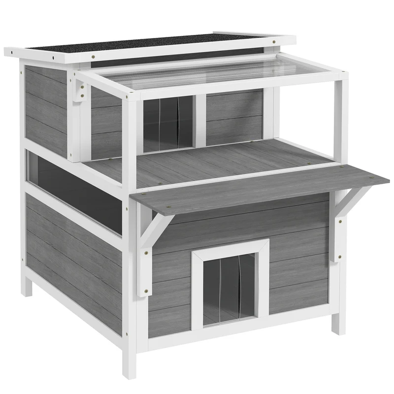 Maison pour chats intérieur extérieur 64 x 87 x 76 cm abri étanche 2 étages balcon protégé scandinave en bois gris clair 21_0007731
