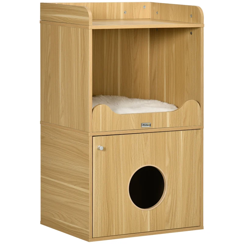 Maison de toilette pour chat meuble 60 x 45 x 103 cm niche fermée coussin confortable contemporain salon en MDF chêne 21_0007780