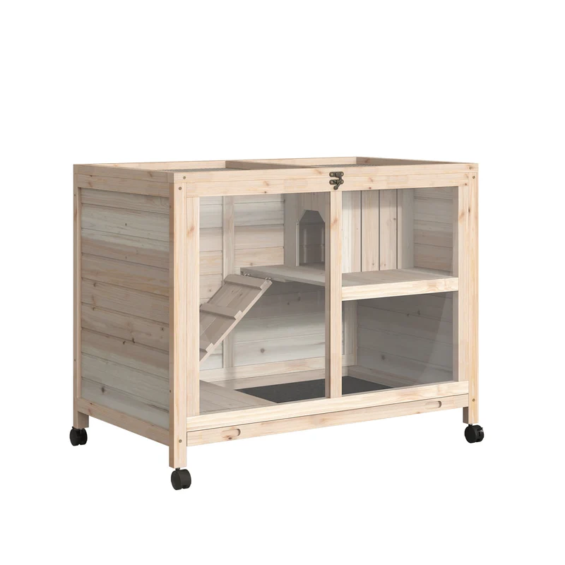 Clapier pour lapins intérieur deux étages 91.5 x 53.3 x 73 cm sur roulettes scandinave épuré en bois de sapin naturel 21_0007891