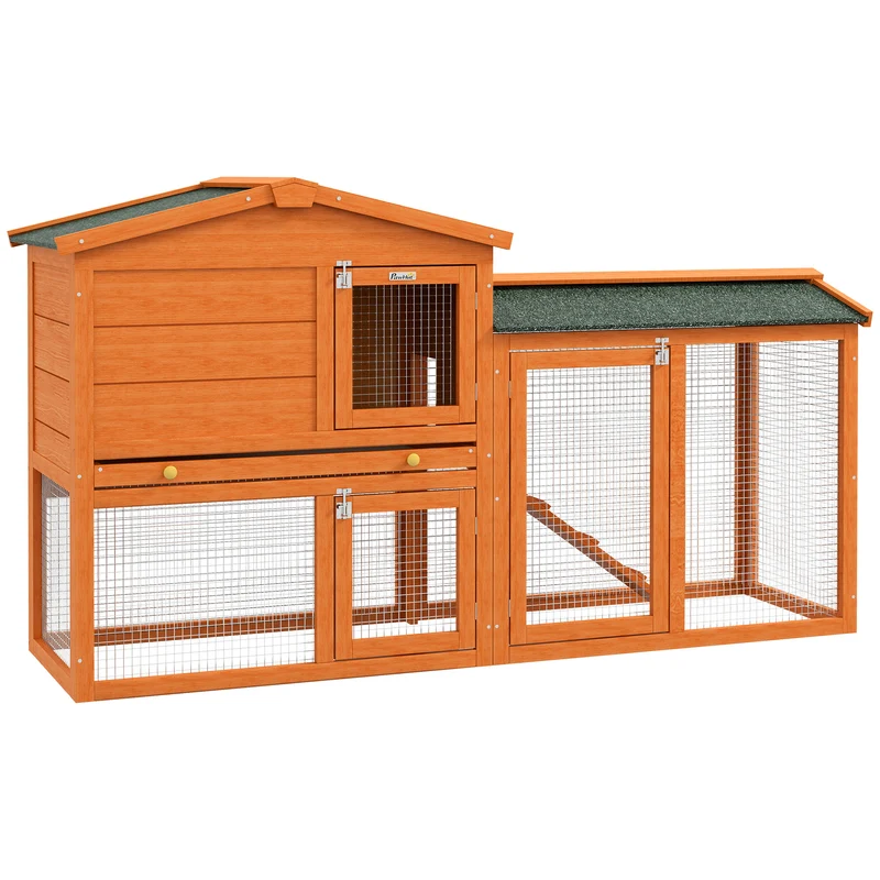 Clapier pour lapins 150 x 45 x 85 cm entretien aisé tiroir déjection 2 niveaux aire de jeu jardin rustique en bois rouge 21_0007856