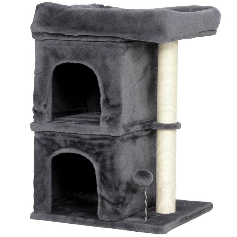 Arbre à chat tour de jeux compact 45 x 40 x 66 cm deux niches perchoir sécurisé moderne scandinave en peluche gris foncé 21_0007760