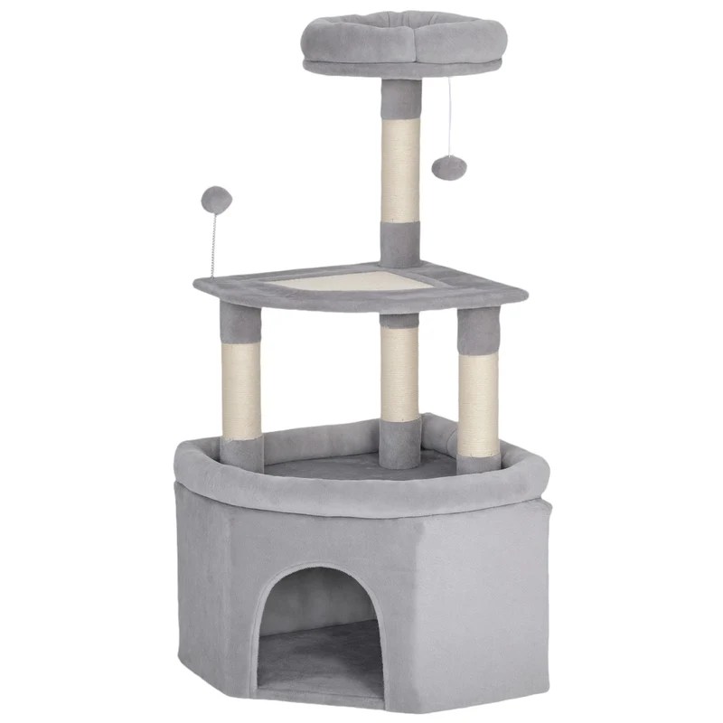 Arbre à chat compact pour coin 49 x 49 x 114 cm multi niveaux griffoir scandinave en panneau de particules gris clair 21_0007745