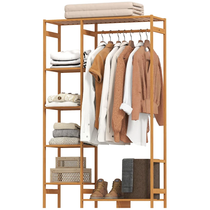 Portant à vêtements 90 x 30 x 145 cm 6 niveaux tringle chambre scandinave épuré finition mate en bambou bois naturel 21_0005835