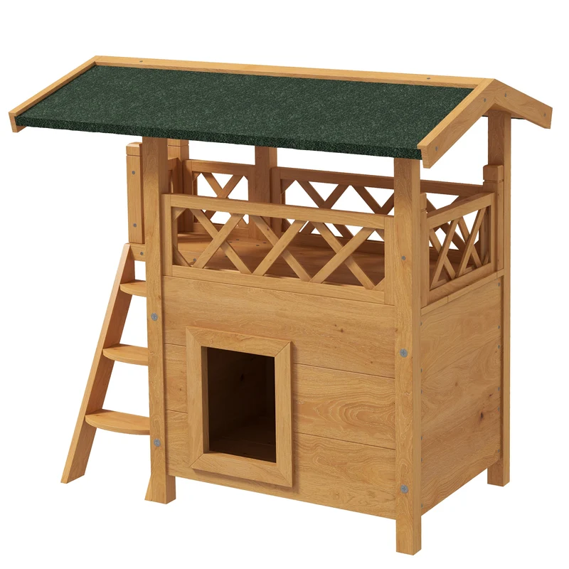 Maison pour chats extérieure avec terrasse 77 x 50 x 73 cm toit étanche à deux niveaux rustique épuré en bois naturel 21_0007615