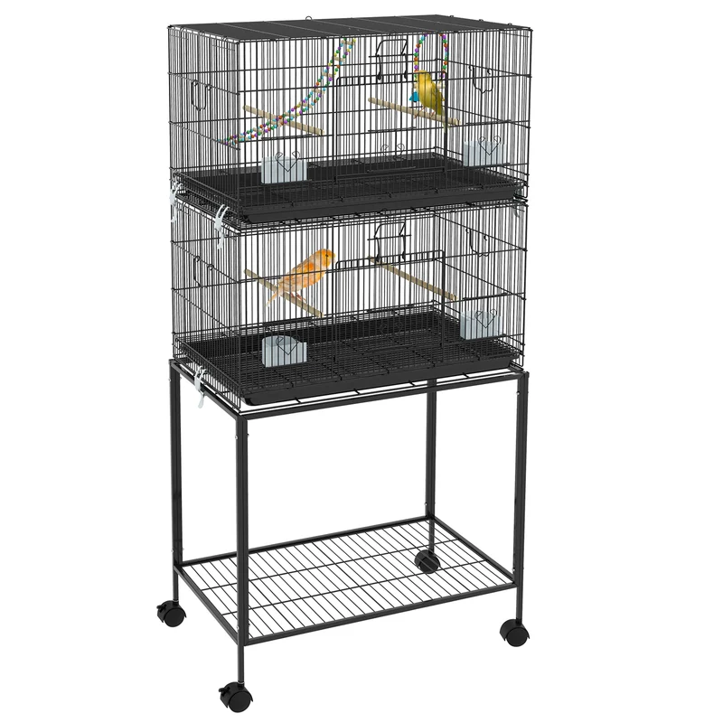 Cage à oiseaux sur pied volière 77 x 46 x 164 cm avec plateau amovible et roulettes freinées moderne épuré en acier noir 21_0007583