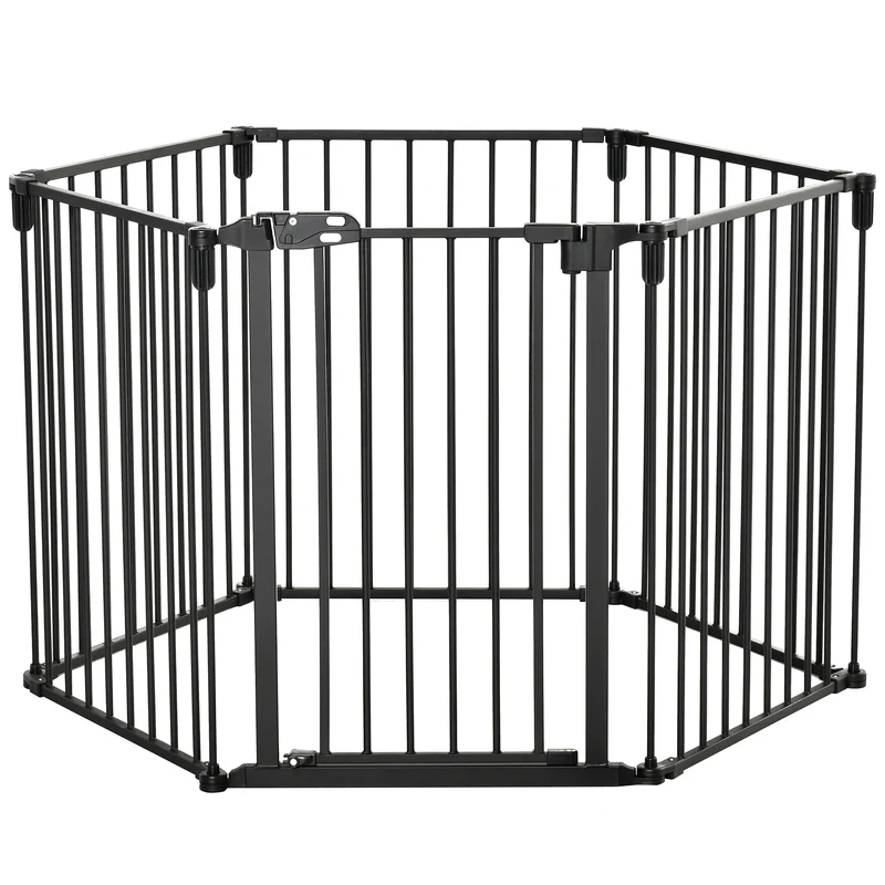 Barrière de sécurité parc animaux 362.5 x 76 x 15.5 cm 6 panneaux porte autofermant sans perçage moderne en acier noir 21_0007441