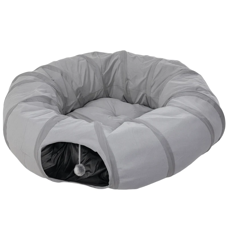 Tunnel pour chat intérieur rond 90 x 27 cm lit douillet pliable pour salon contemporain minimaliste en tissu suède gris 21_0007823