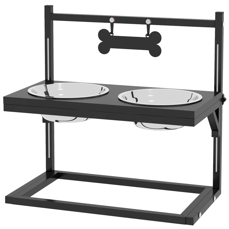 Gamelle surélevée pour chien 40.5 x 22 x 39 cm réglable 11 à 33 cm 2 bols amovibles design industriel en acier noir 21_0007543