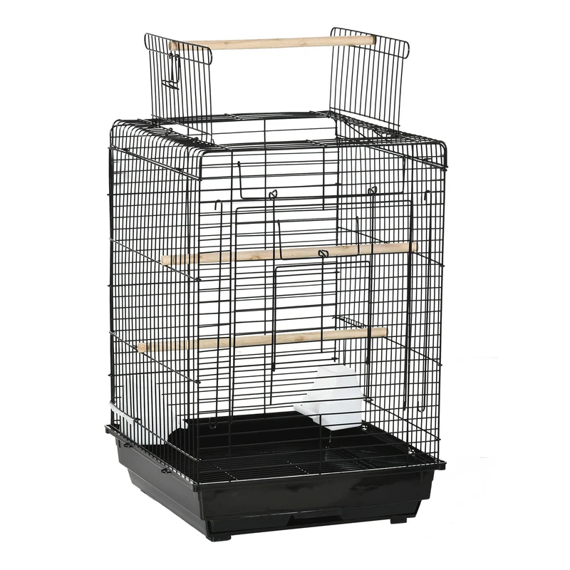 Cage à oiseaux avec plateau amovible et poignée 40 x 40 x 59 cm pour perruches salon épuré contemporain en acier noir 21_0007562