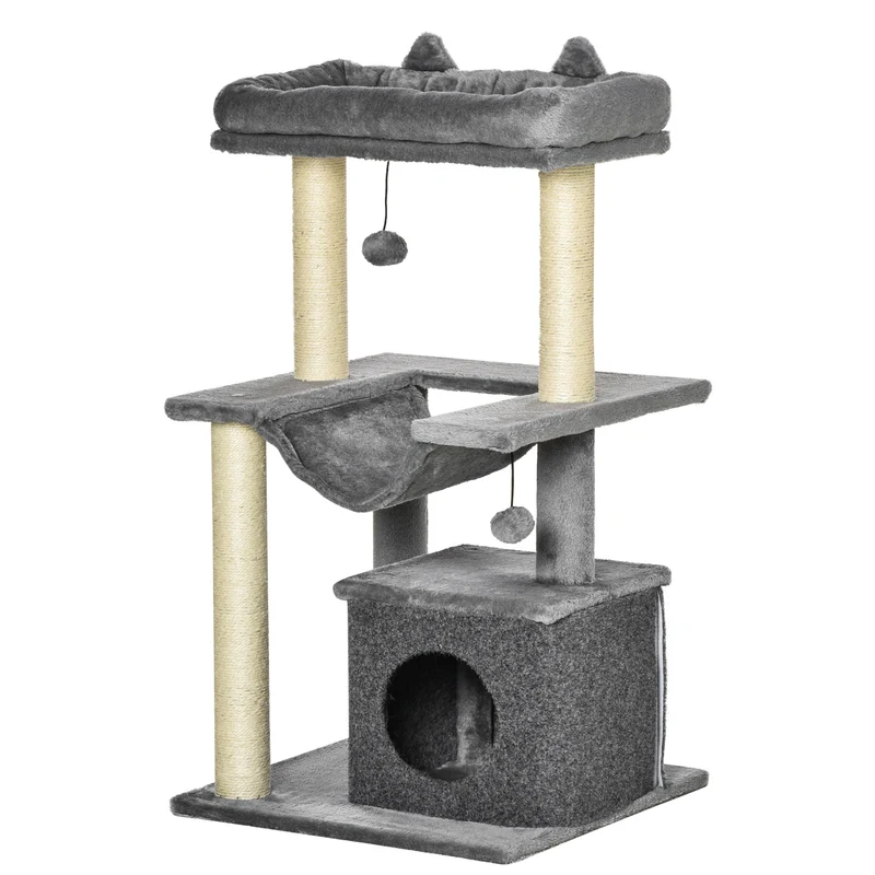 Arbre à chat tour de jeu 48 x 48 x 90 cm espace repos et griffoir housse lavable style scandinave moderne en bois gris 21_0007669