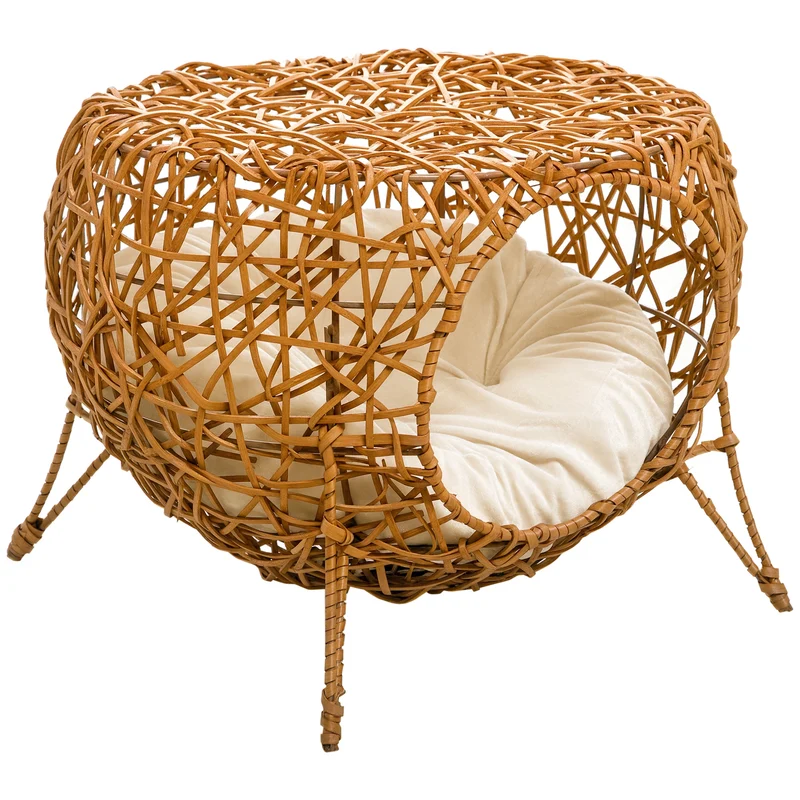 Niche pour chat boule 40 x 32 cm coussin lavable épais 8 cm confort intérieur extérieur scandinave en rotin marron clair 21_0007697