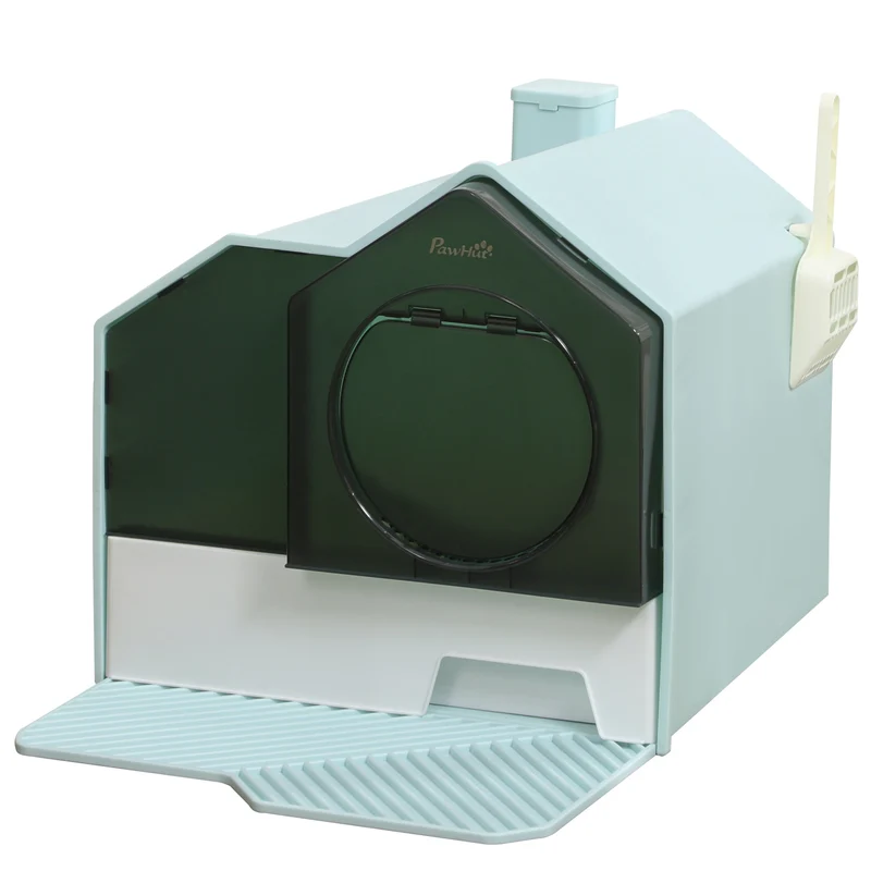 Maison de toilette pour chat 47 x 45 x 42 cm plateau coulissant pelle incluse filtre anti odeur moderne en PP bleu 21_0007782