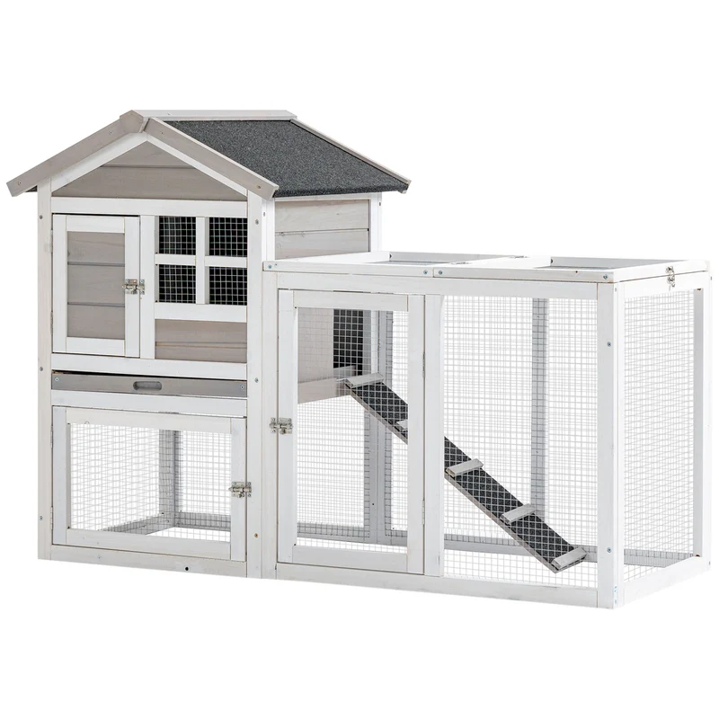 Clapier extérieur pour lapins avec enclos 128 x 64 x 92 cm plateau amovible rampe d'accès rustique en bois de sapin gris 21_0007941