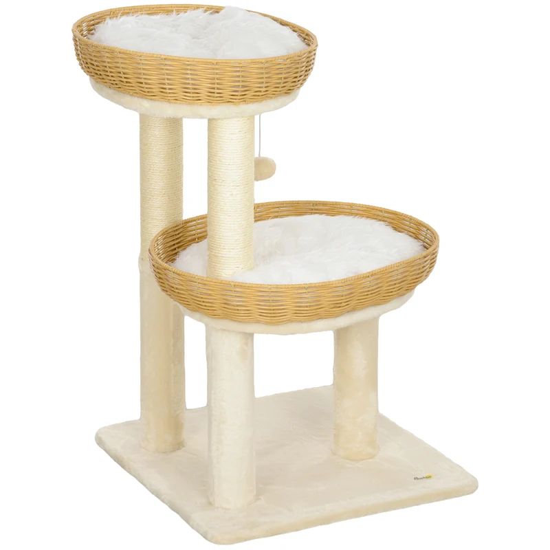 Arbre à chat centre de jeux 48 x 48 x 75 cm poteaux à griffer deux lits rotin confortable scandinave salon en bois beige 21_0007717