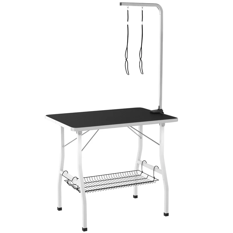 Table de toilettage pliante 90 x 60 x 76 cm plateau antidérapant 2 sangles de sécurité moderne épuré en caoutchouc noir 21_0007276
