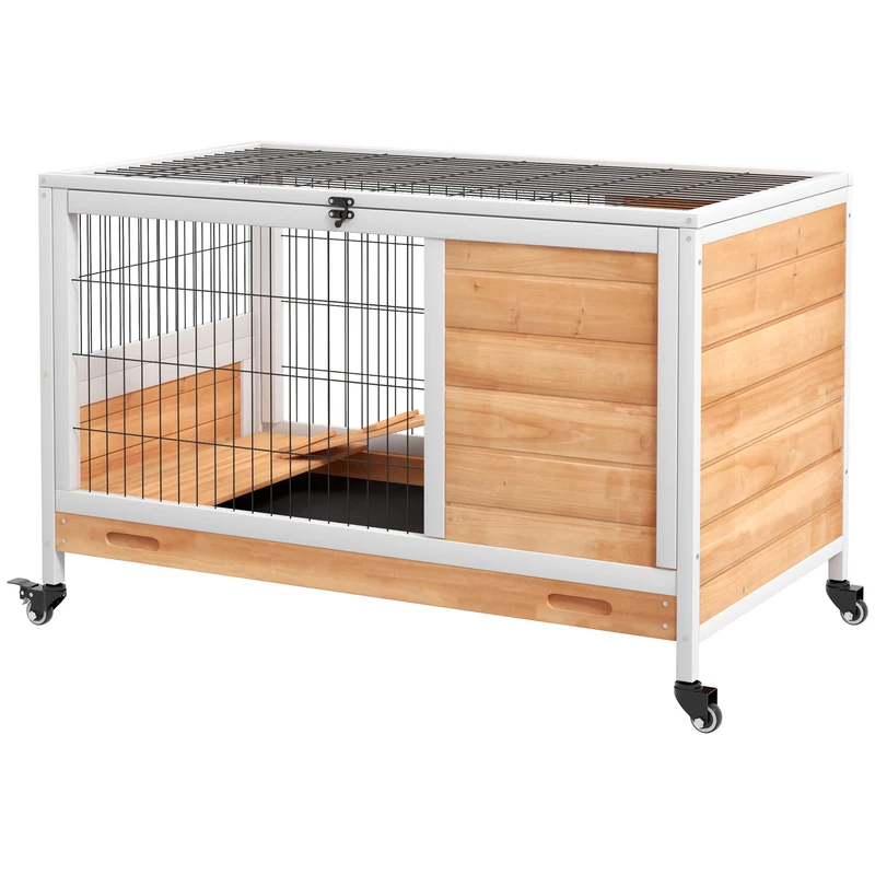Clapier lapin intérieur à deux niveaux 90 x 53 x 59 cm toit ouvrant plateau amovible scandinave épuré en bois jaune 21_0007893