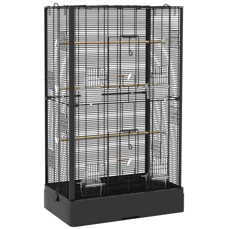 Cage à oiseaux volière 61 x 36.5 x 98 cm accès facile plusieurs portes perchoirs inclus style industriel en acier noir 21_0007585