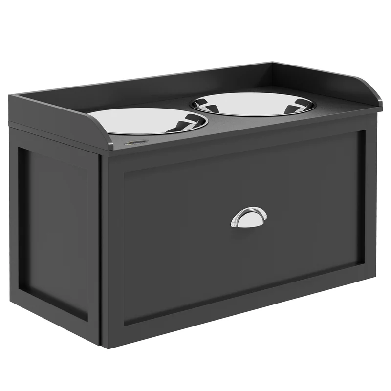 Gamelle double surélevée pour chien et chat 60 x 30 x 36 cm améliore posture tiroir de rangement moderne en MDF noir 21_0007540