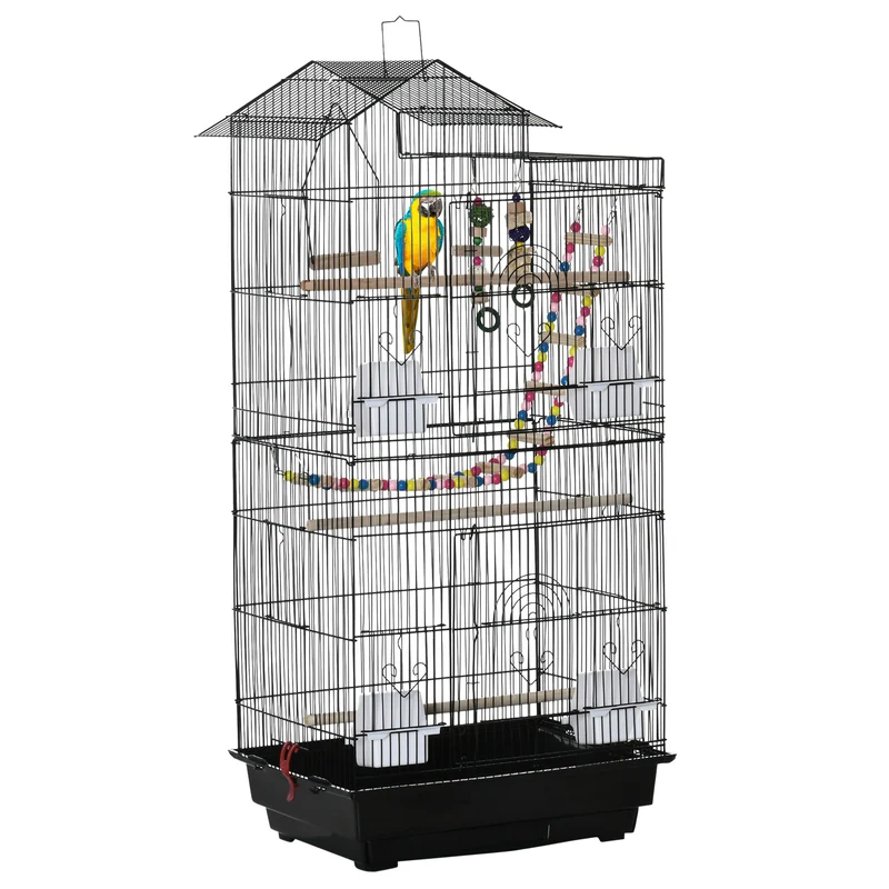 Cage à oiseaux volière 46 x 36 x 100 cm plateau coulissant avec 4 mangeoires contemporain moderne en fil d'acier noir 21_0007577