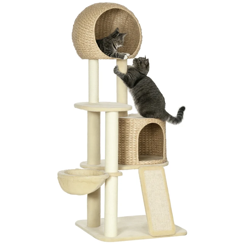 Arbre à chat centre d'activité quatre niveaux 60 x 60 x 150 cm griffoirs hamac scandinave contemporain en bois beige 21_0007681