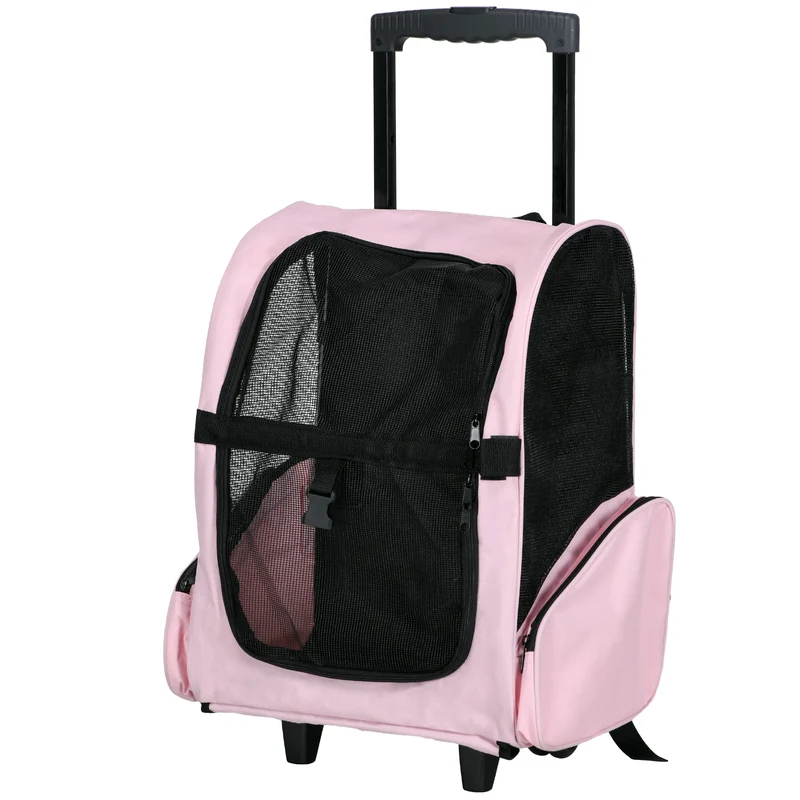 Sac transport 2 en 1 sac à dos chariot pour petits animaux 42 x 25 x 55 cm roulettes sécurité moderne en polyester rose 21_0007576