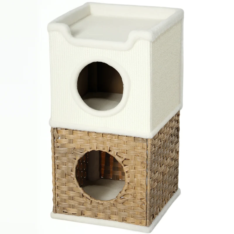 Niche pour chat d'intérieur trois niveaux 41 x 41 x 75.5 cm double entrée sisal moderne en panneau de particules crème 21_0007733