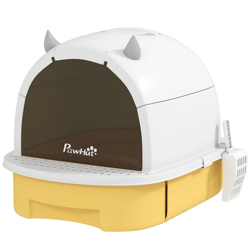Maison de toilette pour chat fermée poignée porte translucide 40,5 x 52 x 39 cm anti odeurs design épuré en PP jaune 21_0007791