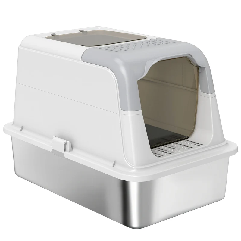 Maison de toilette pour chat entrée avant 60,4 x 40,4 x 41,8 cm anti odeurs fermé moderne en acier inoxydable blanc 21_0007807