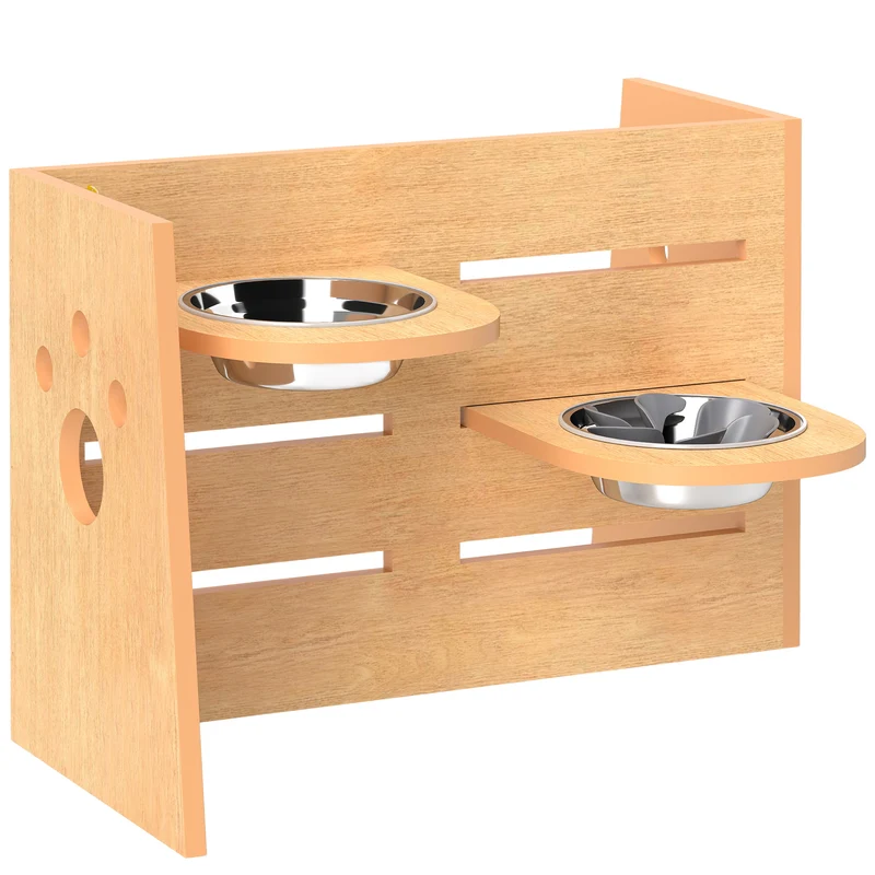 Gamelle surélevée pour chien 63 x 58,5 x 40 cm réglable 3 hauteurs 2 bols amovibles antidérapante moderne en MDF chêne 21_0007546