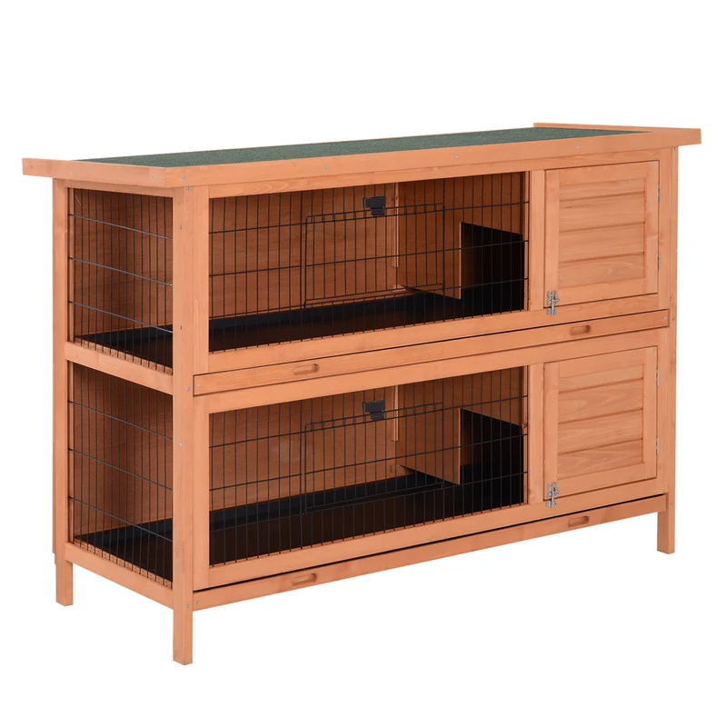 Clapier sur pieds double niveau 137 x 50 x 93 cm tiroirs coulissants 4 portes loquets style rustique en bois naturel 21_0007605