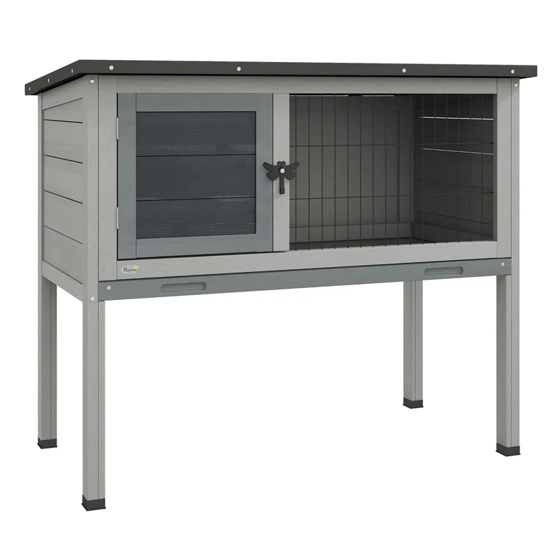 Clapier sur pied 84 x 43 x 70 cm porte verrouillable plateau à déjection coulissant rustique contemporain en bois gris 21_0007886