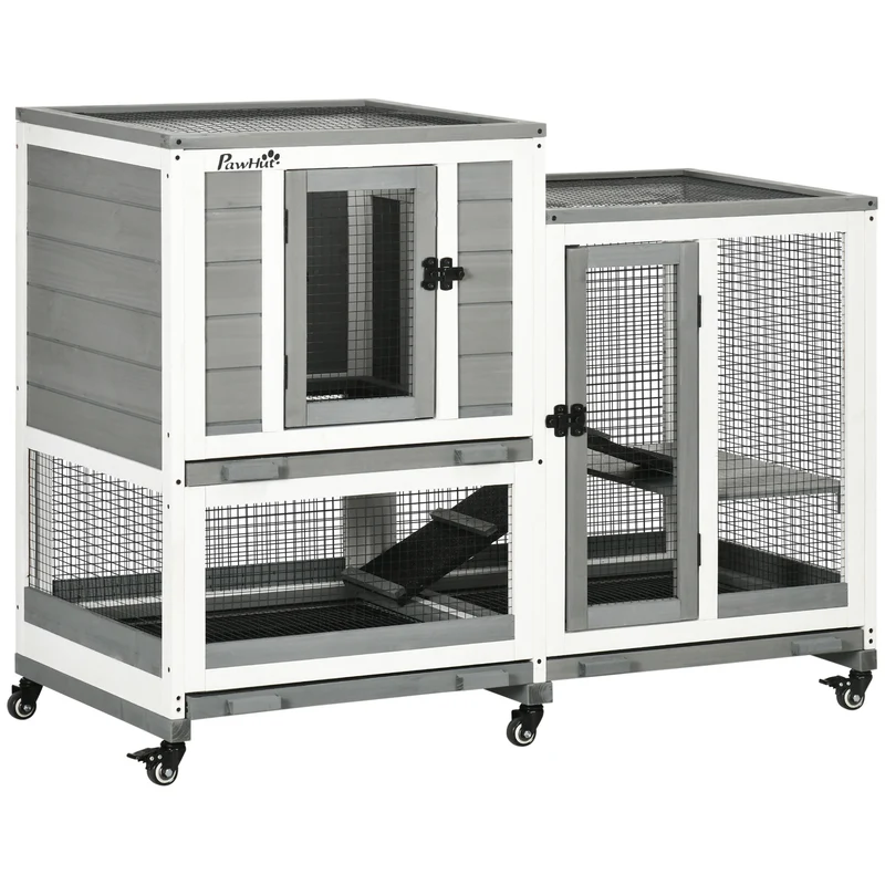 Clapier lapin d'intérieur 110 x 50 x 86 cm 3 niveaux spacieux plateaux amovibles roues freinables scandinave en bois gris 21_0007954