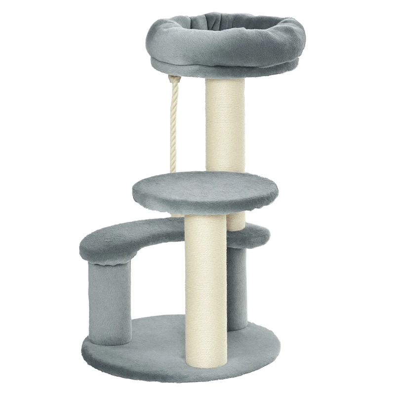 Arbre à chat ludique 40 x 65 cm 3 plateformes griffoirs et corde pour jeux et repos design contemporain en peluche gris 21_0007624