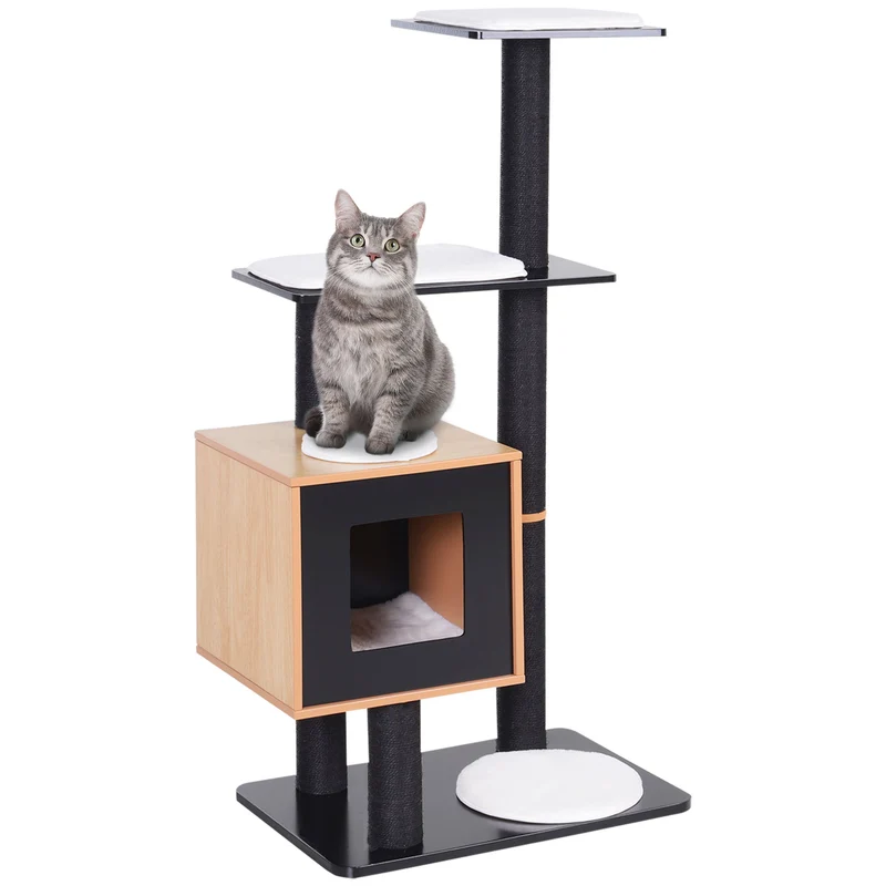 Arbre à chat centre d'activités 71.5 x 49.5 x 120 cm avec griffoirs et niche pratique design contemporain en MDF noir 21_0007626