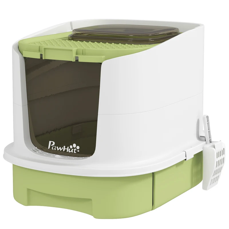 Maison de toilette pour chat bac fermé 40.5 x 52.5 x 42.5 cm anti odeurs nettoyage aisé moderne pelle incluse en PP vert 21_0007792