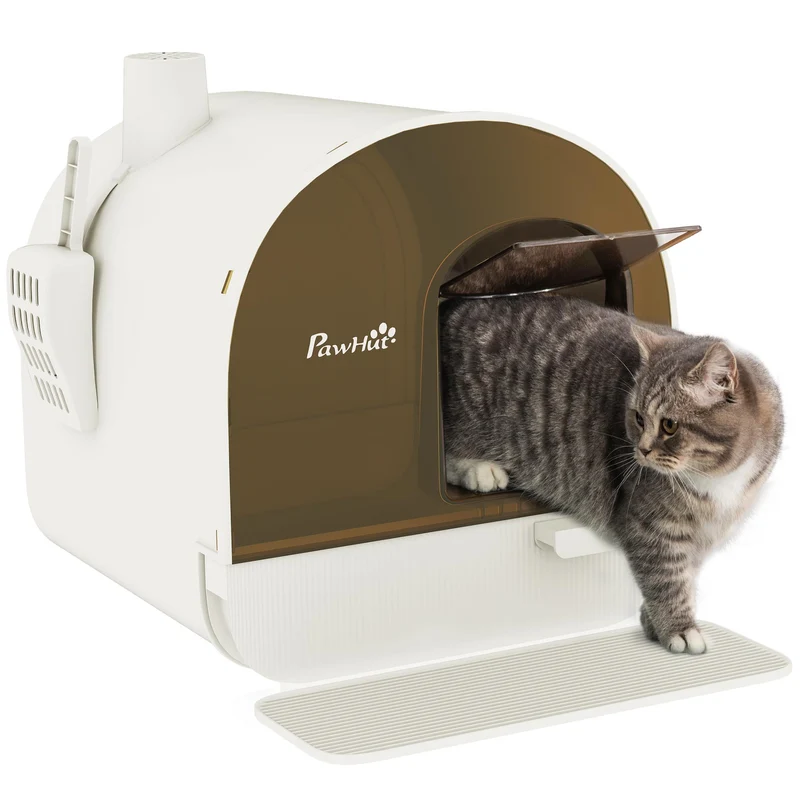Maison de toilette chat fermée 43 x 44 x 47 cm nettoyage facile tiroir amovible design épuré pour salon cosy en PP blanc 21_0007772